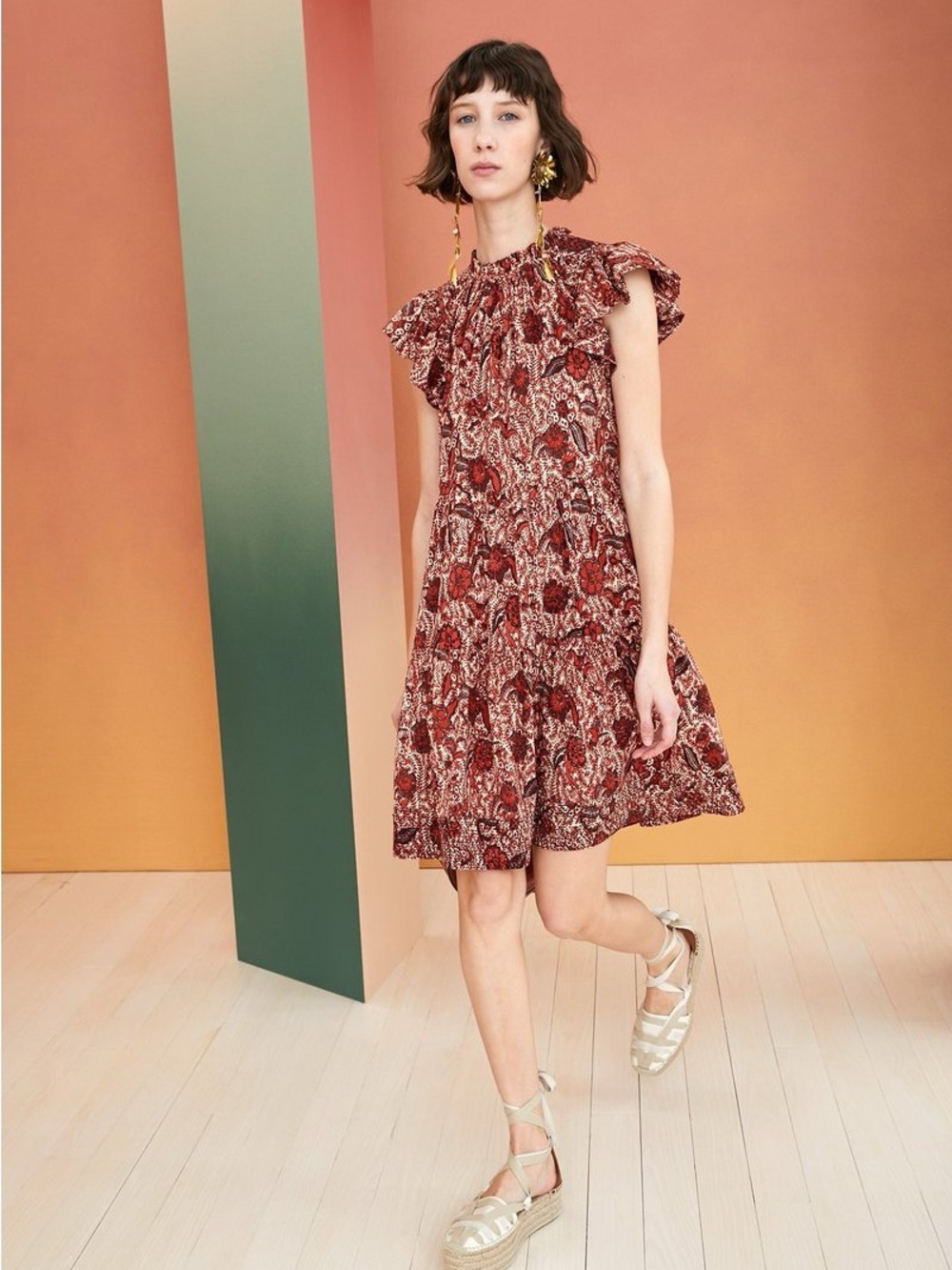 Ulla Johnson Kasim Floral Paisley Tiered Flutter Sleeve Dress Sz 10 NWT